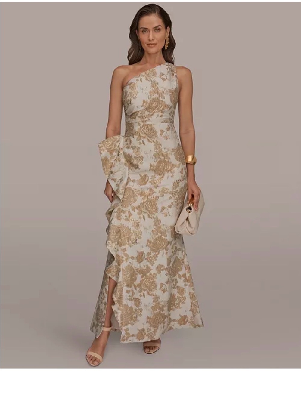 Donna Karan One-Shoulder Floral Jacquard Gown in Ivory and Gold